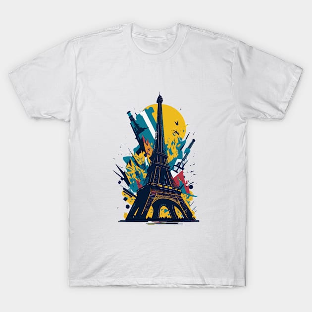 Vibrant illustration of chaotic debris around the Eiffel tower T-Shirt by amithachapa